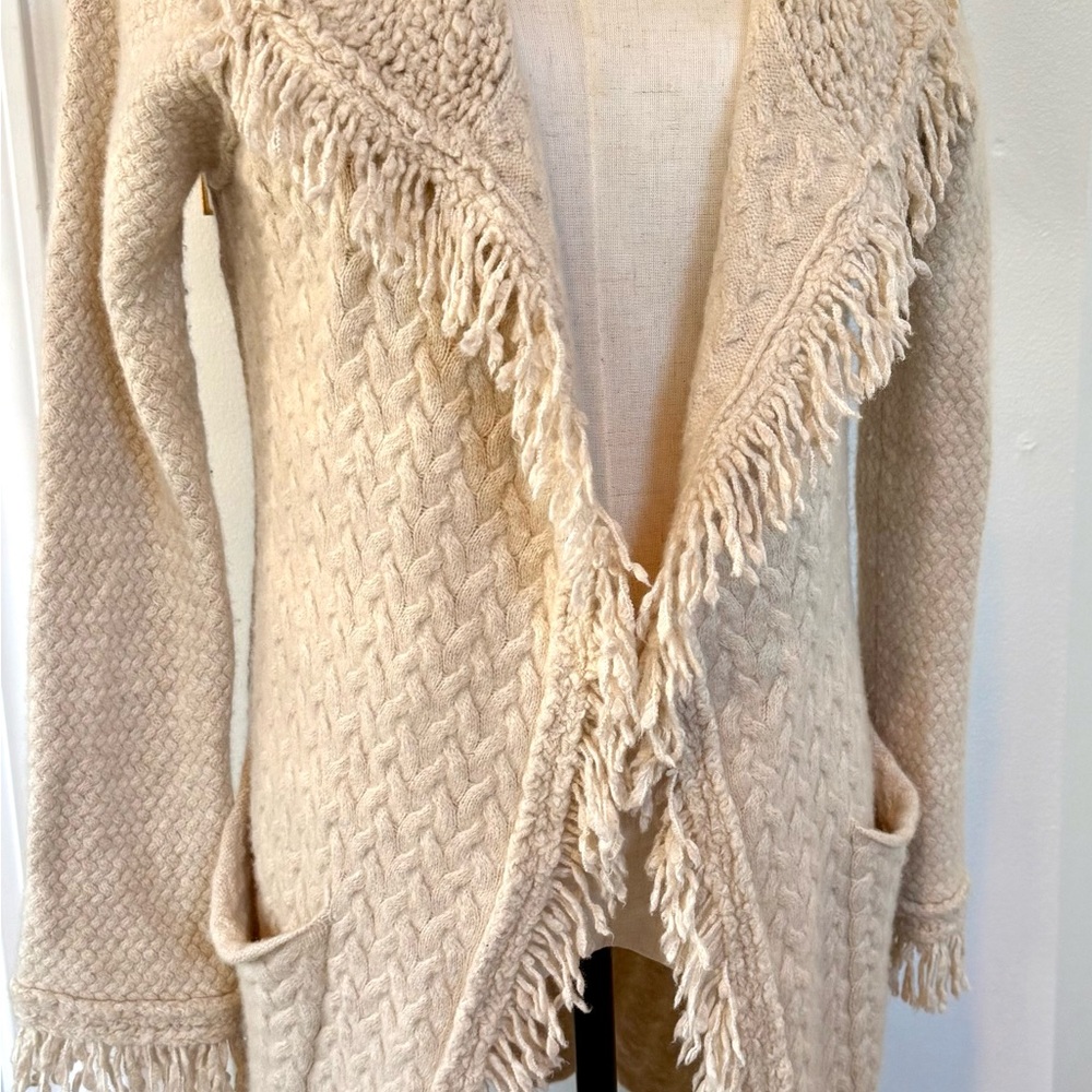 Cream Wool-Blend Fringe Cardigan | Boho Open Front Coatigan - Picture 2 of 13
